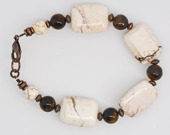 Tiger Eye & Howlite Beaded Bracelet with Copper Accents