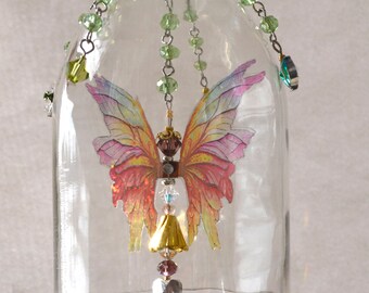 Fairy in wine bottle suncatcher mobile crystal art decoration crystals upcycle recycle greens