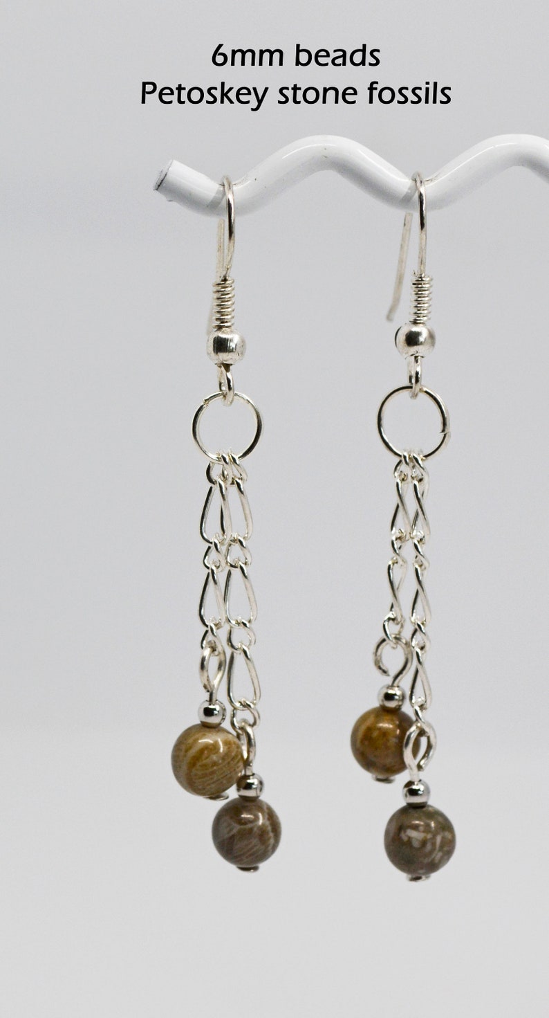 Petoskey Stone Beaded Dangle Earrings: Michigan Fossil Jewelry 6mm chain