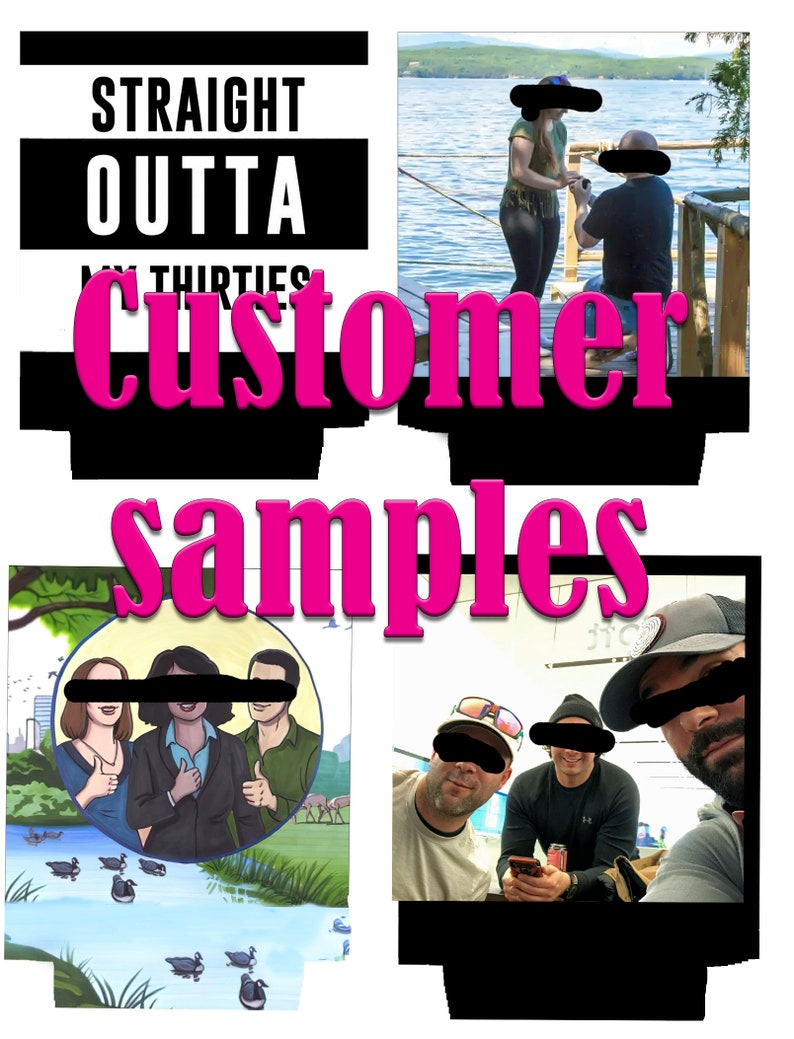 May include: A collage of images featuring different people. The top image shows a couple on a dock, the man is kneeling and the woman is standing. The middle image shows the text "Straight Outta My Thirties" in black and white. The bottom image shows three people standing in front of a lake with ducks. The text "Customer Samples" is in pink and white.
