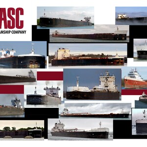 May include: A collage of 14 images of large ships, all with the logo "ASC American Steamship Company" in the top left corner.