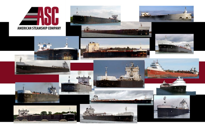 May include: A collage of 14 images of large ships, all with the logo "ASC American Steamship Company" in the top left corner.