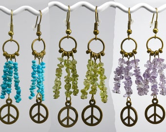 gemstone dangle drop earrings light weight  birthstone earrings jewelry amethyst Peridot or turquoise with peace sign