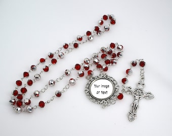 Personalized Custom Photo Silver and red Rosary Beads, Gifts Communion Memorial Remembrance Bereavement Sympathy religious keepsake Catholic