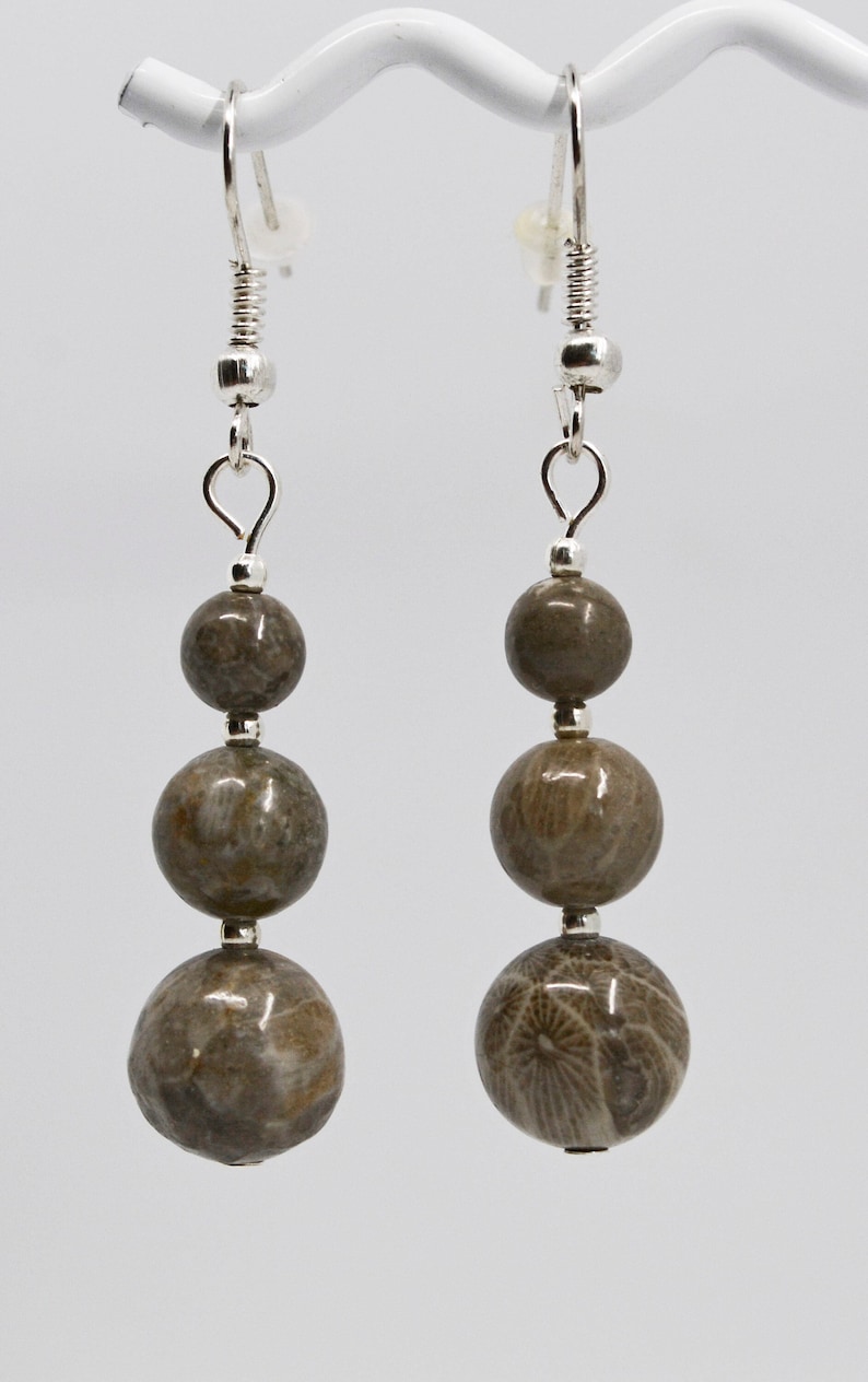 Petoskey Stone Beaded Dangle Earrings: Michigan Fossil Jewelry 3 bead