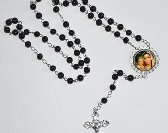 Personalized Custom black glass pearl Rosary Beads Gifts Wedding Communion Memorial Remembrance Bereavement Sympathy religious Catholic