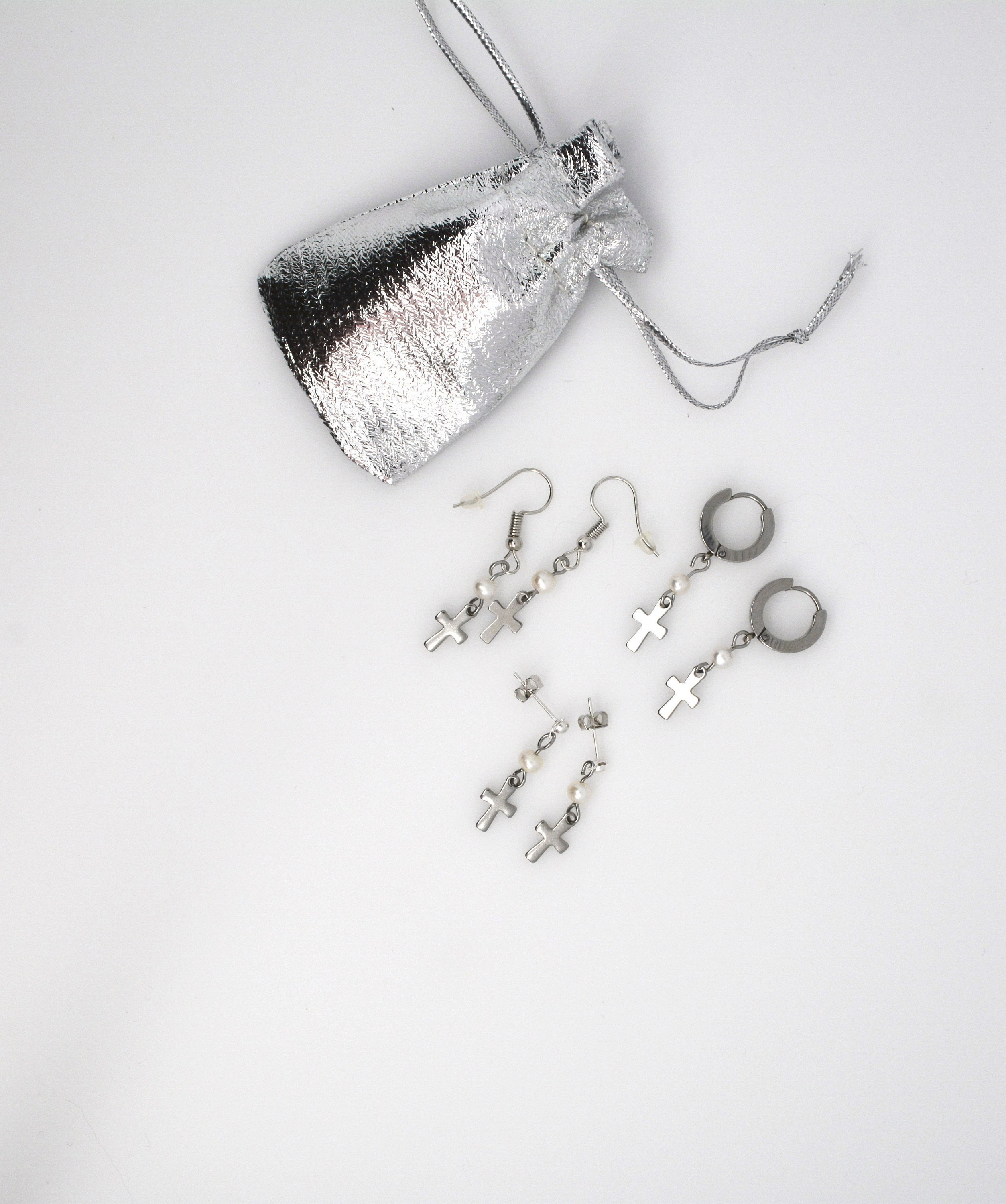 Pearl and Cross earring hoop post hook freshwater pearl earring stainless steel cross nickel free jewelry religious communion confirmation