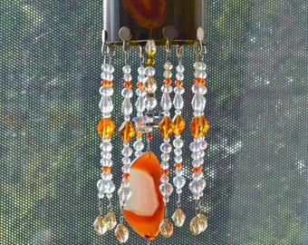 Recycled Wine Bottle Suncatcher Mobile with Agate, crystal, Austrian Crystals – Upcycled Art