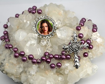 Personalized Custom photo purple glass pearl Rosary Bead Gift Wedding Communion Memorial Remembrance Bereavement Sympathy religious Catholic