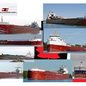 May include: A collage of eight red and white freighter ships sailing on a body of water. The ships are all labeled "Canada Steamship Lines".