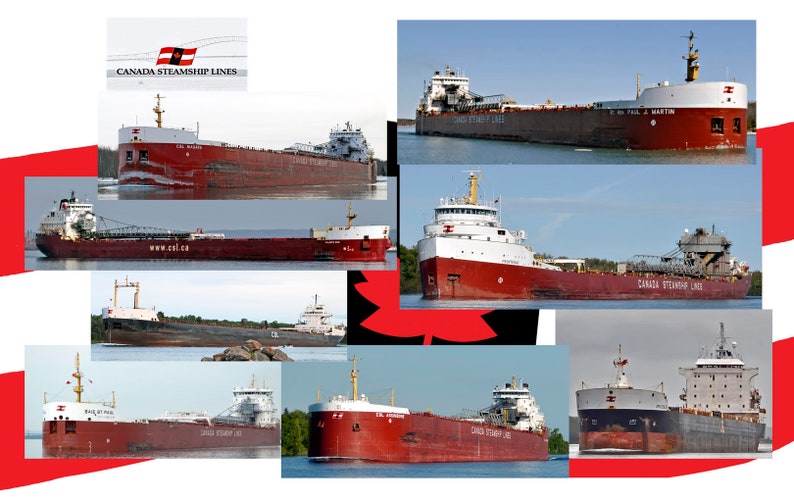 May include: A collage of eight red and white freighter ships sailing on a body of water. The ships are all labeled "Canada Steamship Lines".