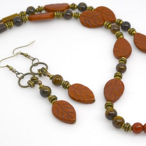 beaded gemstone necklace and earring jewelry set, tiger-eye and and rust red jasper 20 inches handcrafted