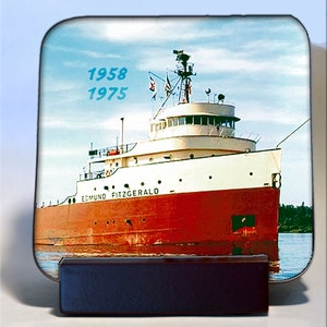Custom coasters Edmund Fitzgerald freighter ship or your personalized images text logos hardboard gloss finish with wooden holder