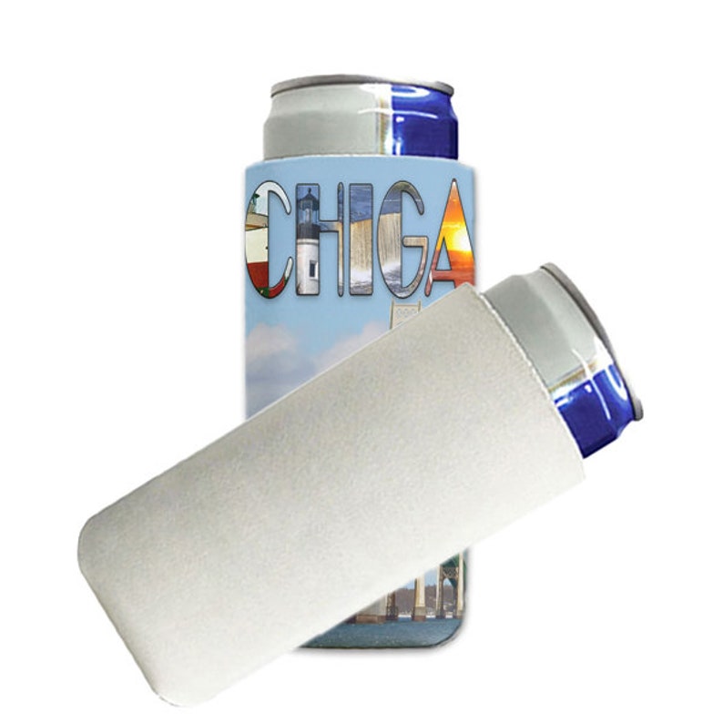 May include: A white neoprene can cooler with a colorful design featuring the word "CHIGA" and images of a lighthouse, a bridge, and a sunset. The cooler is designed to keep drinks cold.