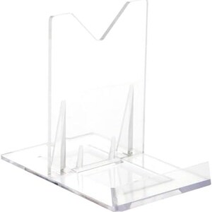 May include: Clear plastic stand for displaying items. The stand has a V-shaped back and a flat base.