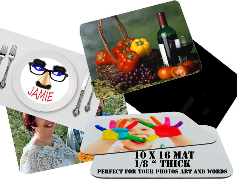 May include: A set of four 10 by 16 inch personalized photo mats. The mats are 1/8 inch thick and are perfect for displaying photos, art, and words. The mats are shown with different images, including a photo of a child with painted hands, a photo of a woman, a plate with a funny face on it, and a still life of fruit and wine.