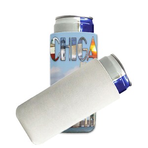 May include: A white neoprene can cooler with a colorful design featuring the word "CHIGA" and images of a lighthouse, a bridge, and a sunset. The cooler is designed to keep drinks cold.