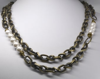 Large Double chain necklace with pearls heavy chain jewelry handcrafted gift for men