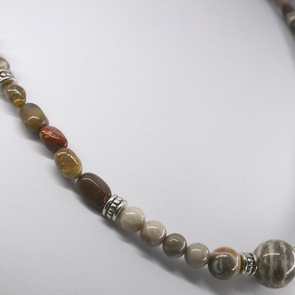 Puddingstone , Petoskey, and fossils gemstone stone necklace Michigan,  jewelry handcrafted beaded  necklace 19 inches