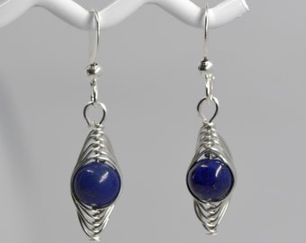 petite lapis gemstone earrings handcrafted wire wrapped tarnish resistant silver nickel free jewelry  herringbone style dangle drop