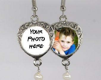 Photo earrings jewelry custom natural freshwater pearls gift, memorial,  sweetheart, kids, pets