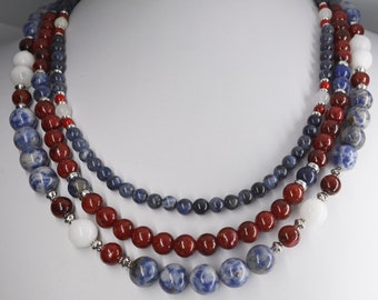 Triple strand beaded gemstone necklace patriotic jewelry red white and blue stones hand crafted unique