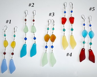 Handcrafted Long Sea Glass Earrings: Bright Boho Dangle Jewelry