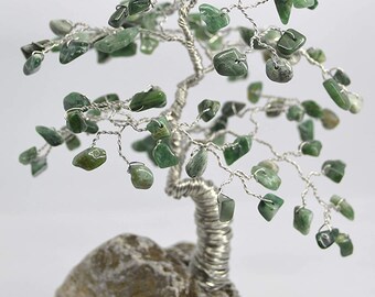 Large decorator wire wrapped bonsai Tree of Life on natural Michigan Fossil Stone silver wire sculpture handcrafted, natural jade stones
