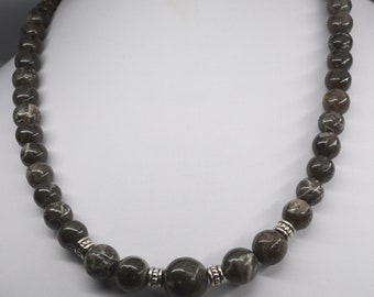 Dark Mixed fossil coral with Petoskey stone necklace jewelry beaded  18" length with silver accents