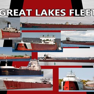 May include: A collage of nine images featuring various red and white Great Lakes freighters. The freighters are all large, with a distinctive red and white paint scheme. The images are arranged in a grid pattern, with the title "GREAT LAKES FLEET" at the top.