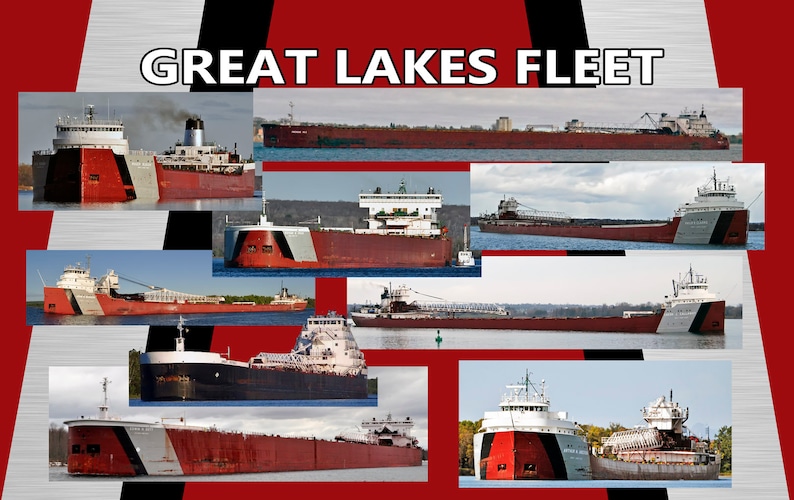 May include: A collage of nine images featuring various red and white Great Lakes freighters. The freighters are all large, with a distinctive red and white paint scheme. The images are arranged in a grid pattern, with the title "GREAT LAKES FLEET" at the top.