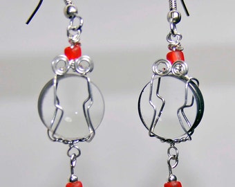 Camera lens earrings red beads wire wrapped jewelry glass vintage from recycled camera lenses artist made in Michigan photographer gift