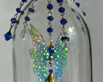 Fairy in wine bottle suncatcher mobile crystal art decoration crystals upcycle recycle blues