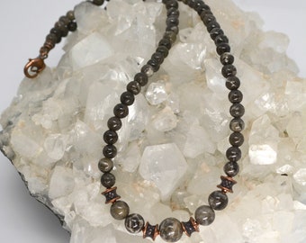 Mixed fossil coral with Petoskey stone necklace jewelry beaded  20" length with copper accents