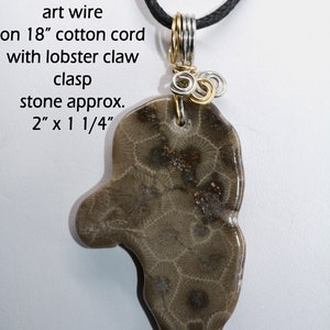 May include: A necklace featuring a Petoskey stone pendant, gold and silver wire, and a lobster claw clasp. The stone measures approximately 2 inches by 1 1/4 inches. The necklace is on an 18 inch cotton cord.