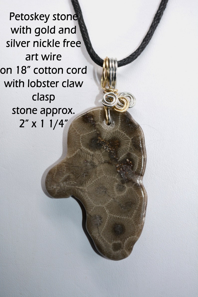 May include: A necklace featuring a Petoskey stone pendant, gold and silver wire, and a lobster claw clasp. The stone measures approximately 2 inches by 1 1/4 inches. The necklace is on an 18 inch cotton cord.