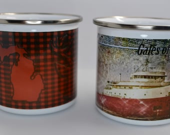 Custom Camp Mug: Edmund Fitzgerald Freighter or Michigan Buffalo Plaid