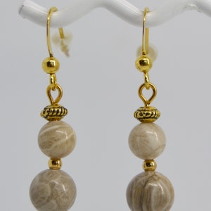 Petoskey and Devonian fossil coral stone beaded earrings on posts or hooks as pictured natural beads your choice double gold