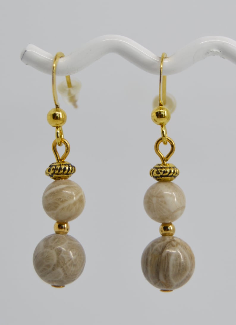 Petoskey and Devonian fossil coral stone beaded earrings on posts or hooks as pictured natural beads your choice double gold