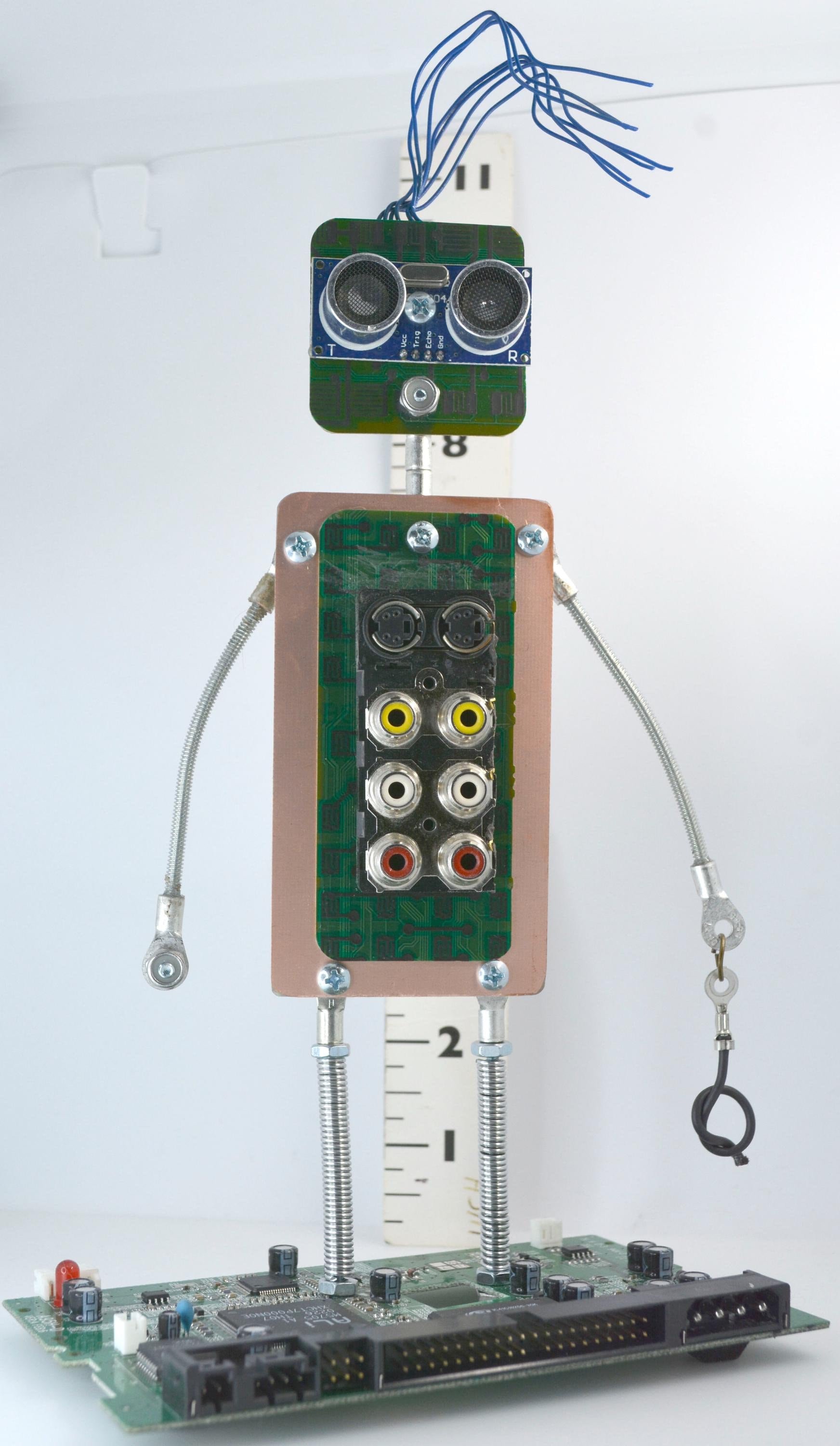 Recycled Robot sculpture figure PC board bot Robot recycled, found object  hand signed art sculpture 11" tall with his blue wire hair