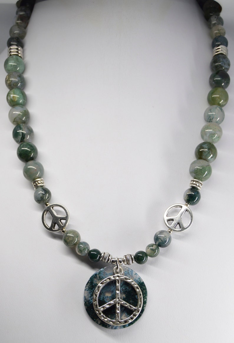Moss Agate gemstone beaded Necklace and adjustable bracelet jewelry set with silver peace signs handcrafted classic with a twist