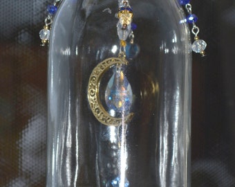 celestial suncatcher upcycled recycled wine bottle blue stone crystals mobile art hanging moon