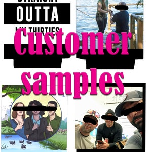 May include: A collage of images featuring different people. The top image shows a couple on a dock, the man is kneeling and the woman is standing. The middle image shows the text "Straight Outta My Thirties" in black and white. The bottom image shows three people standing in front of a lake with ducks. The text "Customer Samples" is in pink and white.
