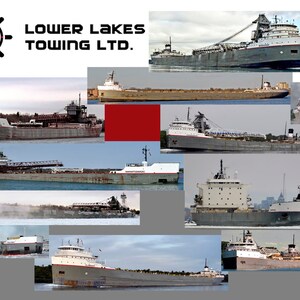 May include: A collage of photos of various ships, with the text "LOWER LAKES TOWING LTD." at the top. The company logo is a red and white Native American headdress inside a black ship's wheel.