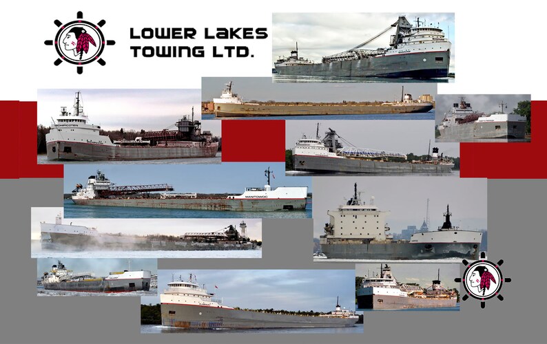 May include: A collage of photos of various ships, with the text "LOWER LAKES TOWING LTD." at the top. The company logo is a red and white Native American headdress inside a black ship's wheel.