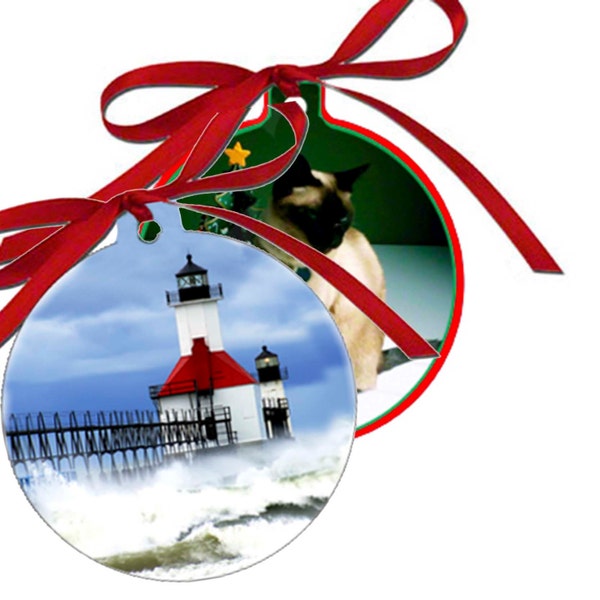 2 custom ornaments  two sided your photo, text, logo, art, birth bride holiday pets memorial full color or black and white