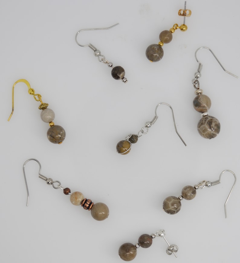 Petoskey and Devonian fossil coral stone beaded earrings on posts or hooks as pictured natural beads your choice image 1