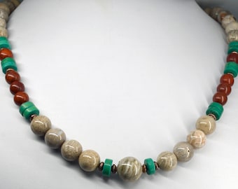 Mixed fossil with Petoskey stone necklace and earrings jewelry beaded set with magnetite 19" length