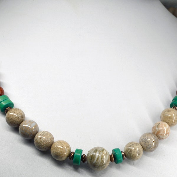 Mixed fossil with Petoskey stone necklace and earrings jewelry beaded set with magnetite 19" length