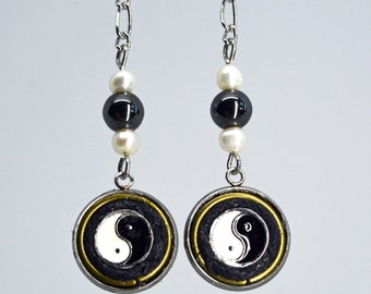 Yin yang dangle drop earrings light weight  hematite and freshwater pearls approx. 3 " long